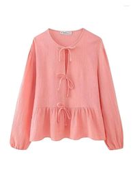 Women's Blouses Spring Summer Casual O-Neck Long Sleeve Pink Loose Blouse Girls Fashion Home Style Lace Up Solid Tops With Pants