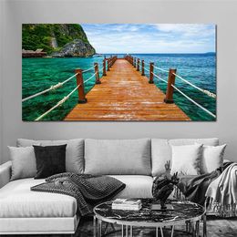 Old Wood Bridge Posters Canvas Painting Wall Art Pictures For Living Room Sea Lake Scenery Prints Sky Sunset Modern Home Decor Fjvad