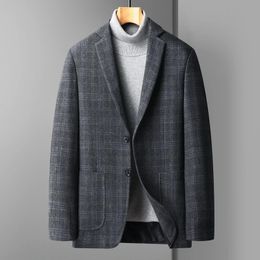 Korean Style Men Plaid Wool Blazer Classical Grey Navy Brown Sheep Wool Suit Jacket Checkeded Pattern Coat Outfit Male Garment 240507