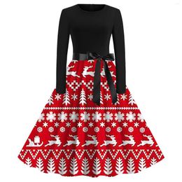 Casual Dresses Winter Christmas Women 50s 60s Vintage Robe Swing Pinup Elegant Party Dress Long Sleeve Print Vestidos