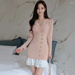 Casual Dresses 2024 Autumn Winter Korean Fashion Style Elegant Office OL Dress Spliced Ruffle Slim Fit Wrapped Hip Long Sleeve
