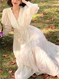 Casual Dresses Elegant Beige Midi V-Neck For Women 2024 Fashion A-Line Ladies Vestidos French Vintage Korean Summer Dress