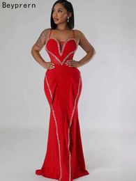 Basic Casual Dresses Beyprern Perfect Red Rhinestone Long sleeved Dress Elegant Sleeveless Crystal Night Party Dress Celebrity Set J240523