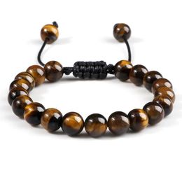 Bangle 8mm Tiger Eye Stone Beads Adjustable Woven Rope Bracelet with Natural Molten Rock for Mens Yoga Treatment Balance Q240522