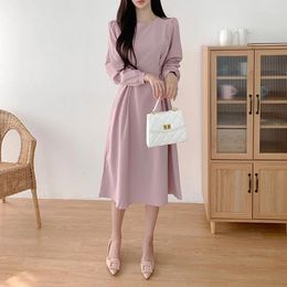 Casual Dresses 2024 Slim Fit Women Pink Black Round Collar Chiffon Dress Lantern Sleeve High Waist Korean Style Comfortable Office Lady