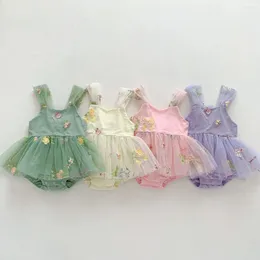 Girl Dresses Fairy Style Princess Outfits 0-24Months Baby Strap Bowknot Tulle Romper High Quality Floral Embroidery Lace Kids Mesh Dress