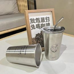 Mugs 304 Stainless Steel Cup With Straw Lid 500ml Water Drinks Industry Style Coffee Mug Handheld For Household Office Use