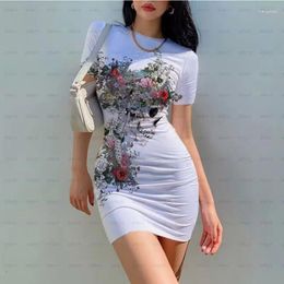 Casual Dresses Sexy Bodycon Dress Women Summer Fashion Positioning Flower Round Neck Short Sleeve Slim Fit Wrap Hip T-shirt