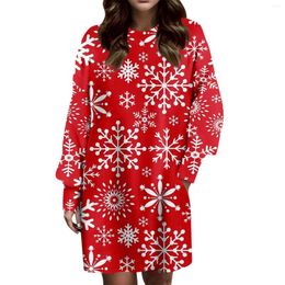 Casual Dresses Christmas Snowflake Printed Dress Women Clothing Long-Sleeved Round Neck Xmas Party Loose Elegant Mini