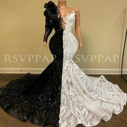 Black White Mermaid Long Prom Dress 2023 New Arrival Sparkly Sequin One Long Sleeve African Girl Prom Dresses 211F