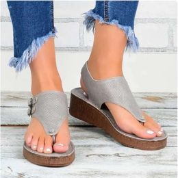 Summer American and Herringbone European Sandals Toe Sandalias Pu Leather Wedges Heel Thick Soled Women's Flip Flop 2024 Plus Size 43 833 Sa ce1 ls lias