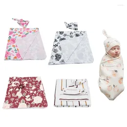 Blankets Born Swaddle Wrap Hat Set Baby Pure Cotton Floral Printing Receiving Blanket Beanie For Infants Boys Girls Dropship