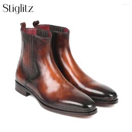 Boots Handmade Plain Toe Booties For Men Hand Painted Luxury Designer Men's Genuine Leather Stretch Band Elegant Party