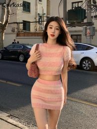 Work Dresses Pink Striped Sets Women Summer Thin Knitted Skinny Crop Tops Short Sleeve T-shirts Mini Skirts Sashes Sexy Cute Harajuku Y2k
