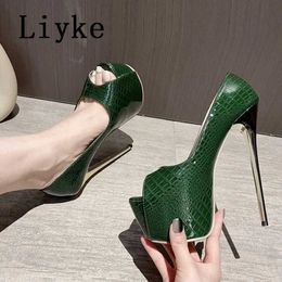 Sandals Dress Shoes Liyke 2024 New Green High Heel Womens Platform Sandals Sexy Snake Pattern Leather Toe Club Stripping Dance Rod Dance Shoes Pump Size 35 J240522