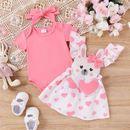 Clothing Sets 0-18M Baby Girls Summer Outfits Short Sleeve Romper Heart Print Suspender Skirts Headband Born Infant Clothes 2024