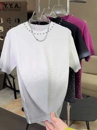 Men's T-Shirts High Street Mens Shiny Diamonds Rivets T-Shirt Summer Short Sleeve O Neck Comfortable Pullover Tees Tops Fashion Loose Fit Top J240522