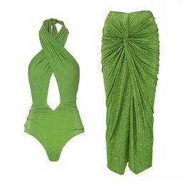 Women's Swimwear 2024 Green Halter One Piece Swimsuit Set Vintage Women Shiny Texture Pleated Beachwear Bathingsuit