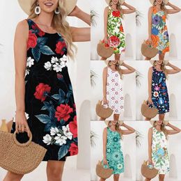 Basic Casual Dresses Womens Summer Bohemian Beach Print Dress Sexy Elegant Slveless O Neck Loose Casual A-Line Mini Dress Sundress Tank Dresses T240523