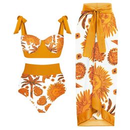 Women's Swimwear Ruffle Print V Neck One Piece Swimsuit Set High Waist Slim Fit Backless Bikini and Cover Up Fashion Elegant Beach Suit 2022 T240523