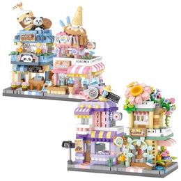 Blocks Mini City Street View Flower Shop Ice Coffee Building Block 4-in-1 Art Childrens and Girls Adult Toys H240523