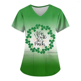 Women's T Shirts V-Neck Short Sleeve Uniform Womens St. Patrick'S Day Print Pocket Overalls Uniforms Nursing Scrubs Blouse
