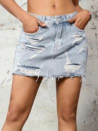Skirts 2024 Trendy Women 90s Vintage Rave Ripped Hem Denim Skirt Street Slant Pockets Ladies Casual Holiday Short Jean