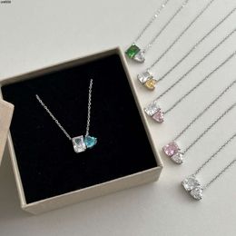 Sterling Silver Necklace for Women with Super Sparkling Ice Flower Cut High Carbon Diamond Square Heart Shaped Pendant Collarbone Chain