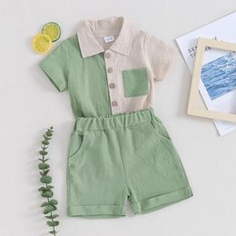 Clothing Sets Toddler Baby Boy Linen Outfit Color Block Button Down Shirt Short Sleeve T-Shirt Tops Solid Shorts Set Summer Clothes
