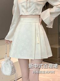 Skirts Chinese Style Short Skirt Women's Anti Glare Small Stature High Waisted A-line Half Body Pleated