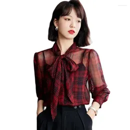 Women's Polos 2024 Autumn Temperament Blouse Plaid Chiffon Bow Tie Long-sleeved Shirt Fashion Women's Clothing