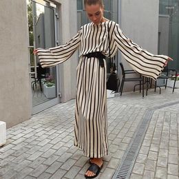 Casual Dresses 2024 Autumn And Winter Striped Loose Elegant Women Mesh Fabric Pleated Chic Ladies Long Sleeve Deep Dress