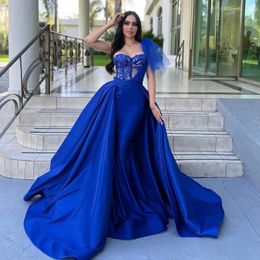 Party Dresses Royal Blue Mermaid Prom One Shoulder Lace Beading Women Gowns With Detachable Train Satin Formal Evening Dress