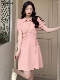 Casual Dresses Mini Women Sweet Simple Solid Summer All-match Leisure Lace-up Design Fashion French Style Ladies Puff Sleeve Elegant