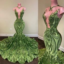 Sparkly Sequins Olive Green Mermaid African Prom Dresses Black Girls Jewel Neck Illusion Long Graduation Dress Plus Size Formal Sequine 236c