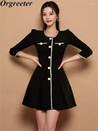 Casual Dresses 2024 Spring Fall Black Mini Dress For Women Vintage Woven Splicing Single-breasted Short Vestidos Clothes