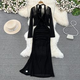 Casual Dresses Chic Maxi For Women Mesh Folds Long Tops Halter Neck Slit Sexy Female Vestidos De Mujer Ladies Dress Drop