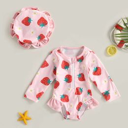 VISgogo Toddler Girl Rash Guard Swimsuit Set Summer Long Sleeve Strawberry Print Bathing Suit + Sun Hat Infant Newborn Swimwear L2405