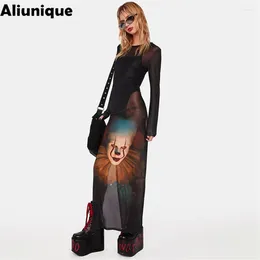 Casual Dresses Women 2024 Autumn Long Sleeve Mesh See Through Dress Bodycon Black O-neck Print Streetwear Wholesale Items For Business