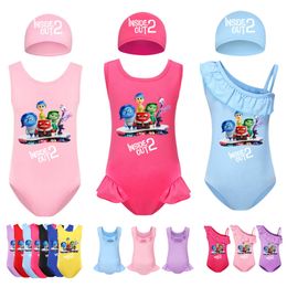 Newest Inside Out 2 Swimwear Kids Cartoon JOY BeachWear with Cap 2pcs Set Sleeveless Swimming Toddler Girls 2024 Summer Swimsuit L2405