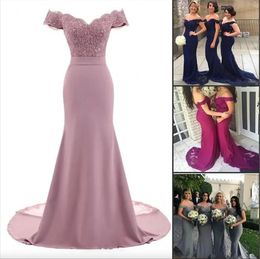 Dusty Rose Pink Bridesmaid Dresses Mermaid Floral Lace Applique Beaded V Neck Wedding Guest Evening Gowns Off Shoulder Maid of Honour Dress