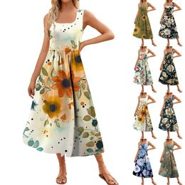 Casual Dresses Women's 2024 Summer Maxi Dress Floral Printed Sleeveless Square Neck Long Beach Elegant Tank Sundresses Ropa De Mujer