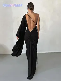 Casual Dresses Female Sexy Solid One Shoulder Sleeve Dress Fashion Elegant V Neck Backless Summer Ladies Evening Party Club Robes