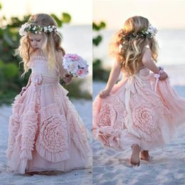 Cheap Pink Flower Girl Dresses Spaghetti Ruffles Hand made Flowers Lace Tutu 2019 Vintage Little Baby Gowns for Communion Boho Wedding 178D