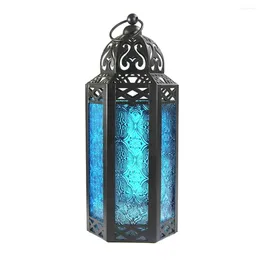 Candle Holders Morocco Style Wrought Iron Hanging Holder Decorative Storm Lantern Desktop Ornaments (Blue)