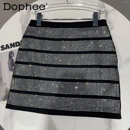 Skirts 2024 Autumn Style Full Body Stripe Particle Rhinestone Black Short Skirt Women Heavy Socialite Hip Mini