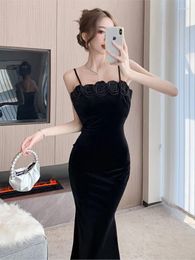 Casual Dresses Autumn Winter Black Velvet Chic Appliques Sling Long Dress Women Luxury Elegant 2024 Korean Vintag Dance Party Night