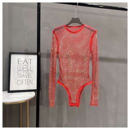 Designer One-piece Sexy Red Rhinestone Swimsuit Embellishments All Over The Body Solid Color Long Sleeve Hollow Out Mesh Swimsuit For Women FZ2405234