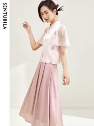 Work Dresses Sentubila Women's Chinese Style Two Piece Set 2024 Summer Pleated A-Line Midi Skirt Stand Neck Short Sleeve Tops Sets Q32Z50948