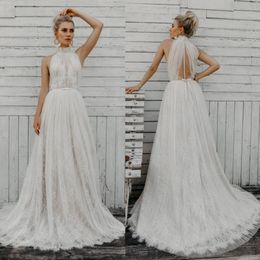 Bohemian High Collar Wedding Dresses A Line Lace Appliqued Sleeveless Beach Bridal Gowns Sweep Train Plus Size Boho Wedding Dress 2641